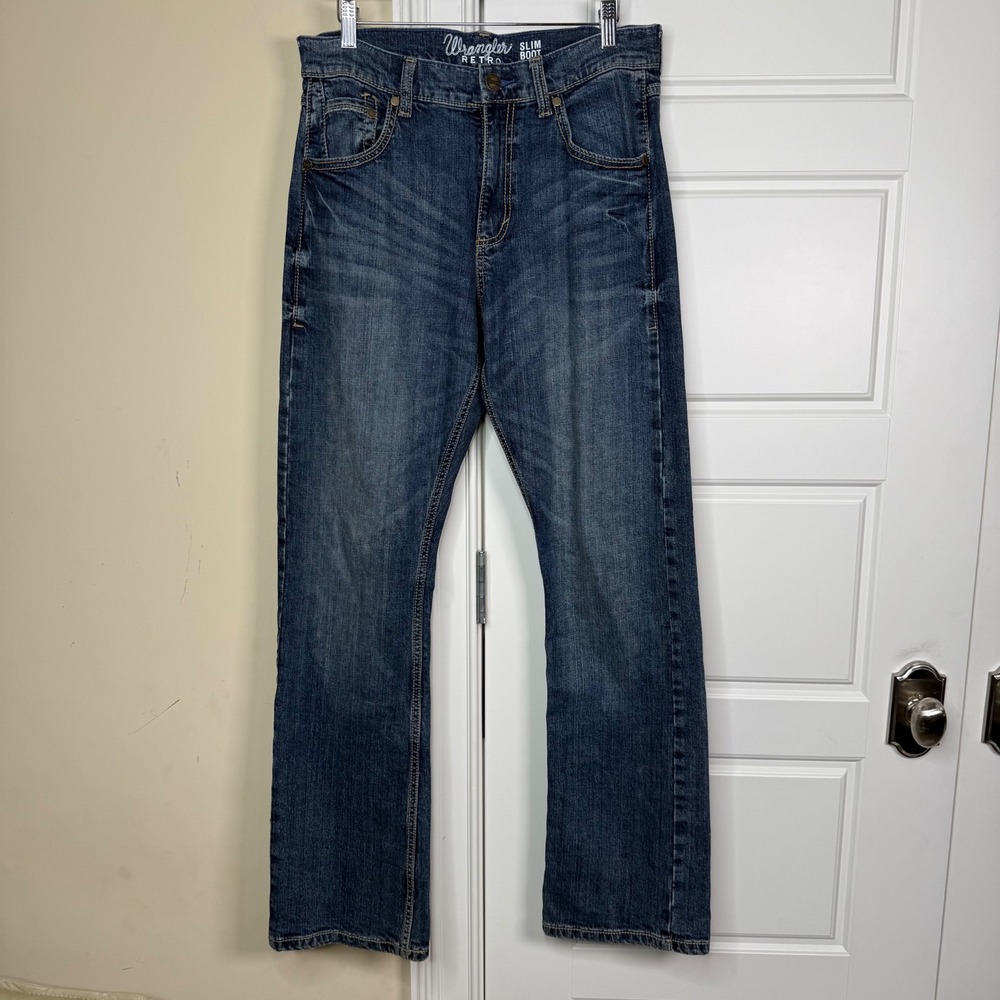 Wrangler Retro Slim Boot Jeans Mens 30/34 (32/32.5) Blue Denim Western Cowboy
